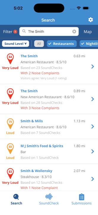 Search results showing noise complaints