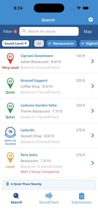 SoundPrint app search results showing Very Loud, Quiet, Quiet List Awarded and Loud venues