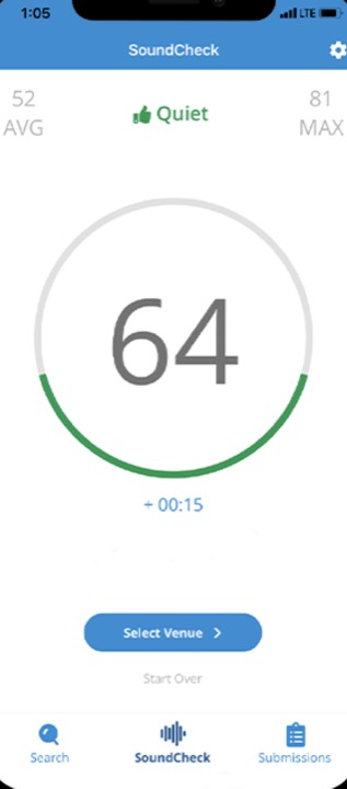 SoundCheck meter showing 64 decibels, Quiet